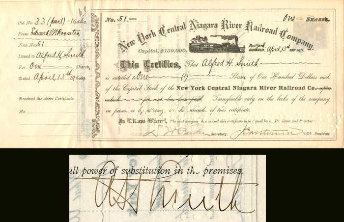 Alfred H. Smith signed New York Central Niagara River Railroad Co.